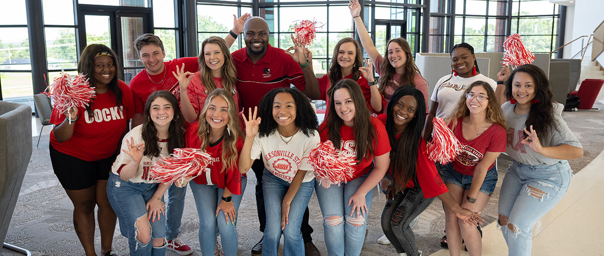 JSU Ambassador team showing their school spirit in Merrill Hall