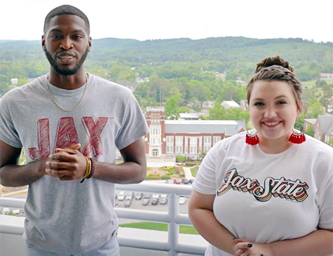 Cam Stephney and Kassidy Nance atop the Houston Cole Library