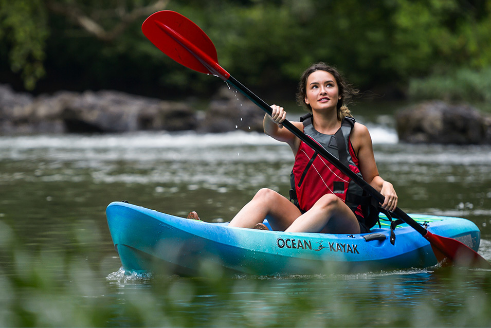 student kayaking on Terrapin Creek